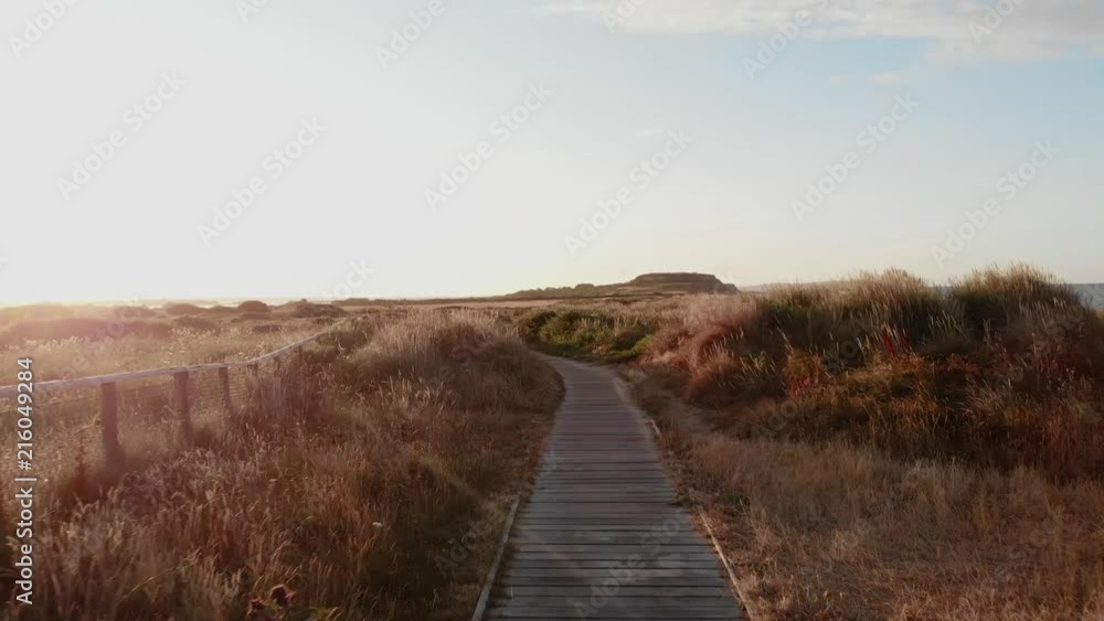 Peacefully walking down a beach path surrounded by tall grass with a fence to one side. There are clouds and a blue sky on the horizon. Peacefully walking down a beach path surrounded by tall grass with a fence to one side. There are clouds and a blue sky on the horizon.