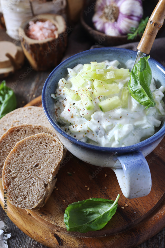 Summer light salad: Greek yoghurt, garlic, green herbs and cucumber Summer light salad: Greek yoghurt, garlic, green herbs and cucumber