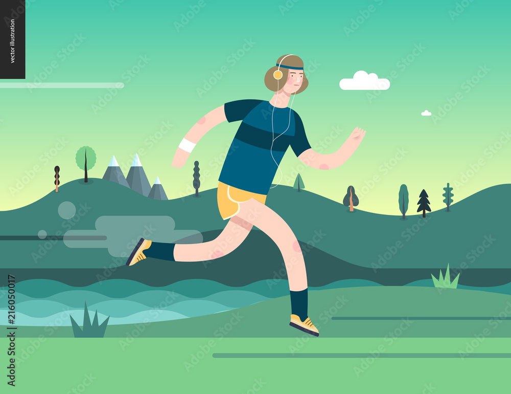 Runners - a man running in the park - flat vector concept illustration of a guy with headphones, t-shirt and yellow shorts. Healthy activity. Green park, trees, hills and a lake landscape at dawn