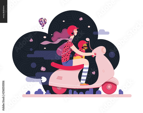 Girl on a scooter - flat vector concept illustration of purple-haired girl wearing helmet riding a white scooter, a french bulldog on her lap wearing small helmet, on the black landscape with air