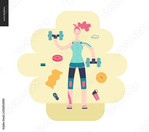 Gym - a girl llifting weights in the gym - flat vector concept illustration of a woman wearing tank top, leggings and kinesio tapes. surrounded by weights, barbell, ball. Healthy concept, gymnasium.