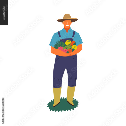 Harvesting people -vector flat hand drawn illustration of an adult man wearing straw hat, overalls and rubber boots holding a pile of green vegetables. Self-sufficiency, farming and harvesting concept