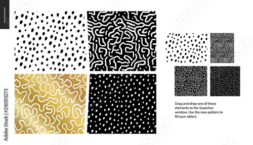 Fototapeta Naklejka Na Ścianę i Meble -  Hand drawn Patterns - a group set of four abstract seamless patterns - black, gold and white. Geometrical lines, dots and shapes - pieces