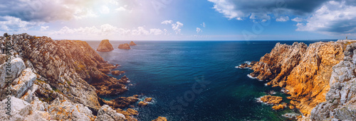 Panorama of Pointe du Pen-Hir with World War Two monument to the Bretons of Free France on the Crozon peninsula, Finistere department, Camaret-sur-Mer, Brittany (Bretagne), France.