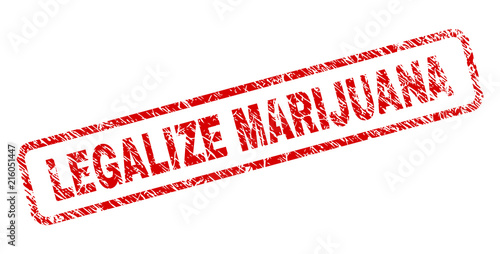 LEGALIZE MARIJUANA stamp seal watermark with grunge style. Red vector rubber print of LEGALIZE MARIJUANA tag with dust texture. Text tag is placed inside rounded rectangle frame.