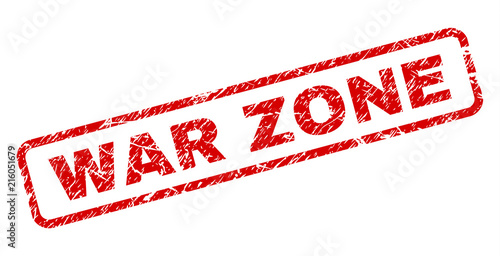 WAR ZONE stamp seal print with scratced style. Red vector rubber print of WAR ZONE text with scratched texture. Text label is placed inside rounded rectangle frame.