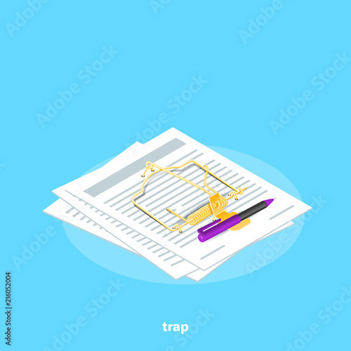 isometric image on a blue background, sheets of paper like a mousetrap and pen