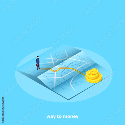 isometric image on a blue background, a man in a business suit stands on a paper map with a route leading to a pile of money