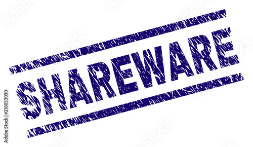 SHAREWARE seal print with grunge style. Blue vector rubber print of SHAREWARE text with grunge texture. Text caption is placed between parallel lines.