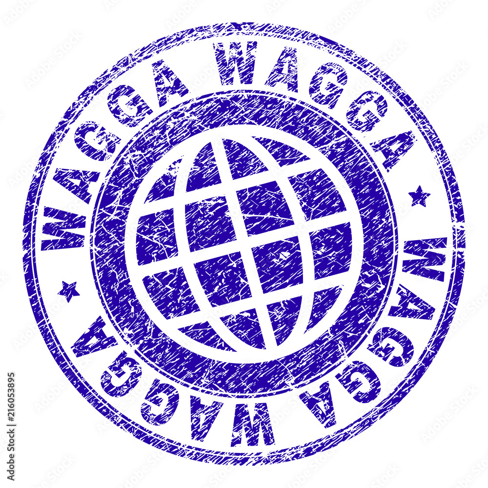 WAGGA stamp imprint with grunge texture. Blue vector rubber seal imprint of WAGGA caption with retro texture. Seal has words arranged by circle and globe symbol.