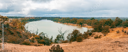 Large panorama of Murray river and eucalyptuses. Berri, South Australia