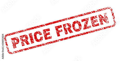 PRICE FROZEN stamp seal print with scratced style. Red vector rubber print of PRICE FROZEN caption with unclean texture. Text caption is placed inside rounded rectangle frame.