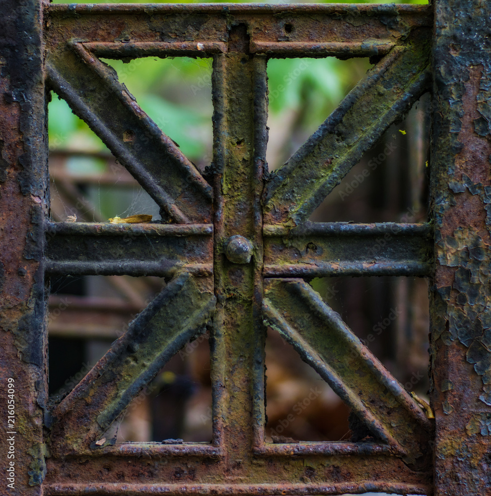 Element old rusty metal lattice in the cemetery.