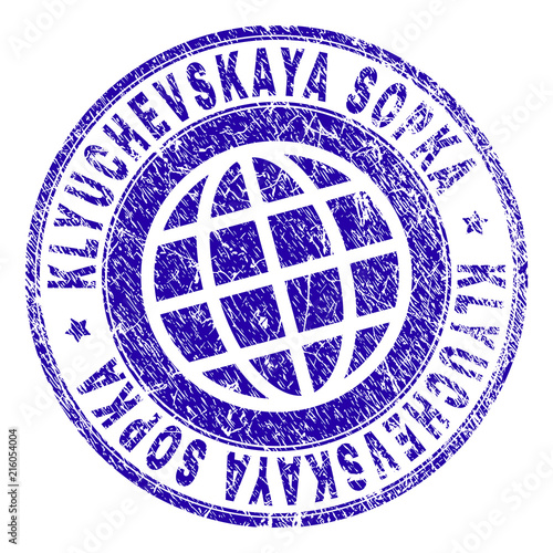 KLYUCHEVSKAYA SOPKA stamp imprint with grunge texture. Blue vector rubber seal print of KLYUCHEVSKAYA SOPKA tag with grunge texture. Seal has words placed by circle and globe symbol.
