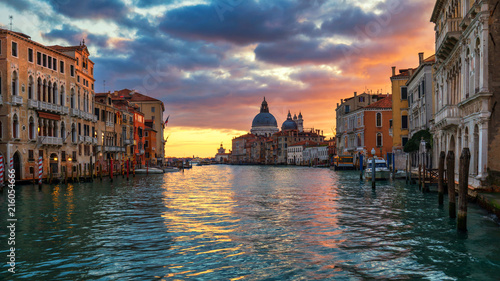 Grand Canal at sunrise in Venice, Italy. Sunrise view of Venice Grand Canal. Architecture and landmarks of Venice. Venice postcard © daliu