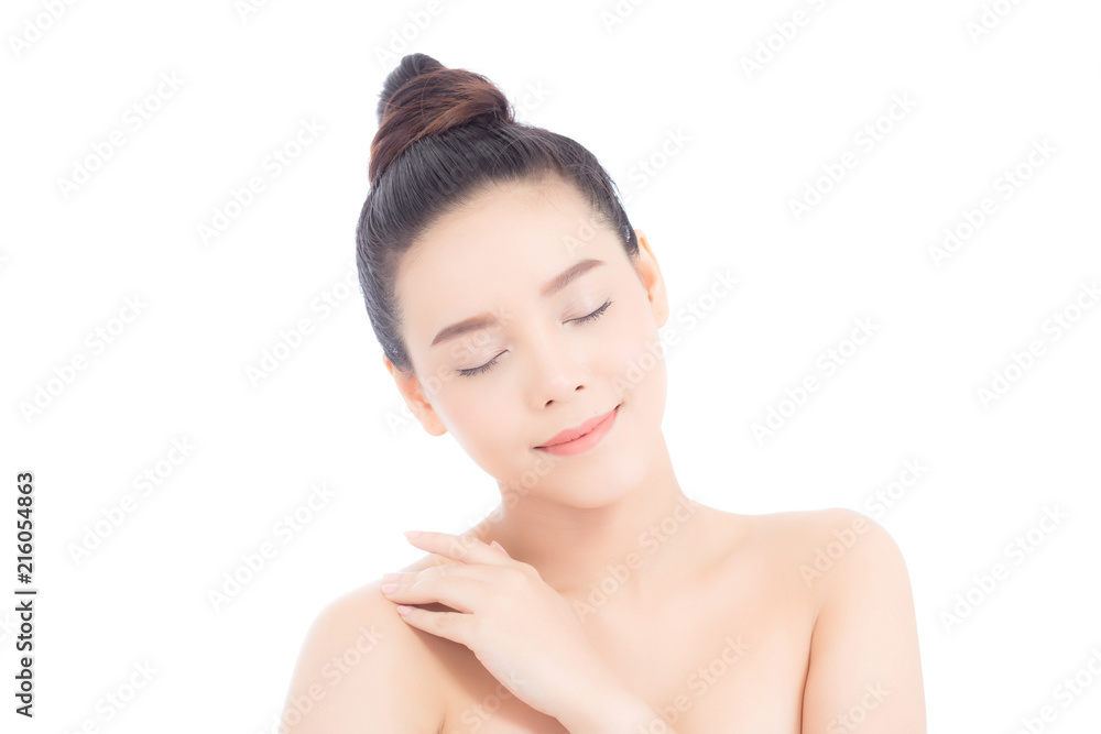Portrait of beautiful asian woman makeup of cosmetic, girl touch shoulder and smile attractive, face of beauty perfect with wellness isolated on white background with skin healthcare concept. Portrait of beautiful asian woman makeup of cosmetic, girl touch shoulder and smile attractive, face of beauty perfect with wellness isolated on white background with skin healthcare concept.