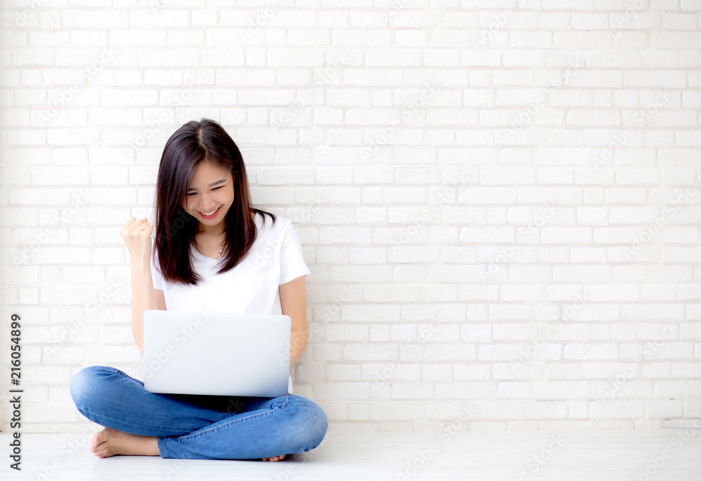 Beautiful of portrait asian young woman excited and glad of success with laptop computer, girl sitting working on cement brick background, career freelance business concept. Beautiful of portrait asian young woman excited and glad of success with laptop computer, girl sitting working on cement brick background, career freelance business concept.
