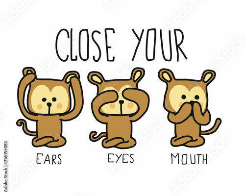 Three monkeys close your ears eyes mouth cartoon doodle vector illustration