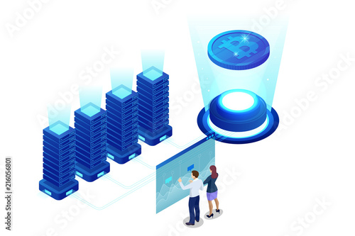 Isometric bitcoin mining concept. Cryptocurrency and Blockchain concept. Farm for mining bitcoins. Digital money market, investment, finance and trading. Vector illustration