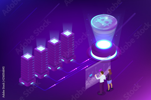 Isometric bitcoin mining concept. Cryptocurrency and Blockchain concept. Farm for mining bitcoins. Digital money market, investment, finance and trading. Vector illustration