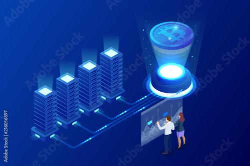 Isometric bitcoin mining concept. Cryptocurrency and Blockchain concept. Farm for mining bitcoins. Digital money market, investment, finance and trading. Vector illustration