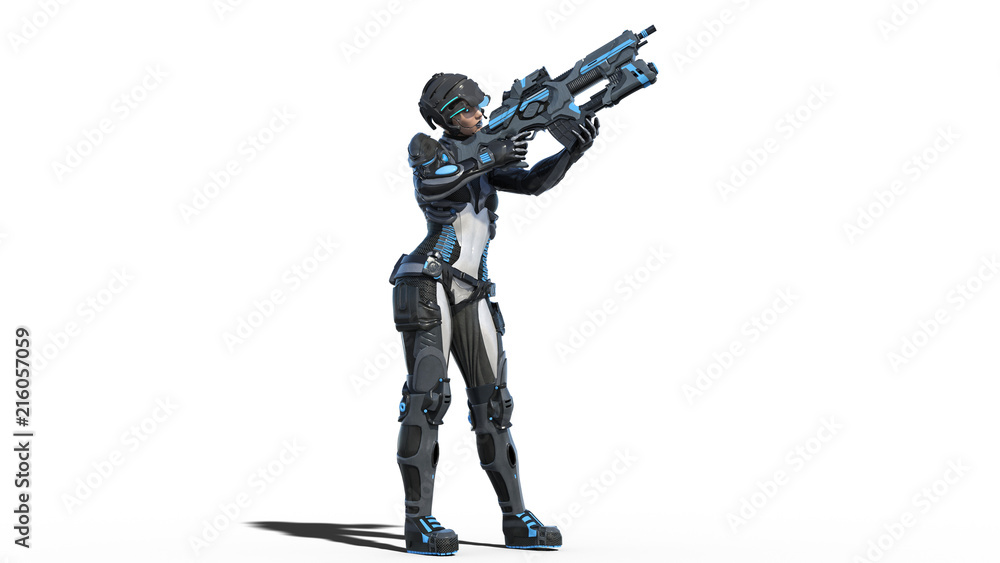Female android soldier, military cyborg woman armed with rifle shooting on white background, sci-fi girl, 3D rendering Female android soldier, military cyborg woman armed with rifle shooting on white background, sci-fi girl, 3D rendering