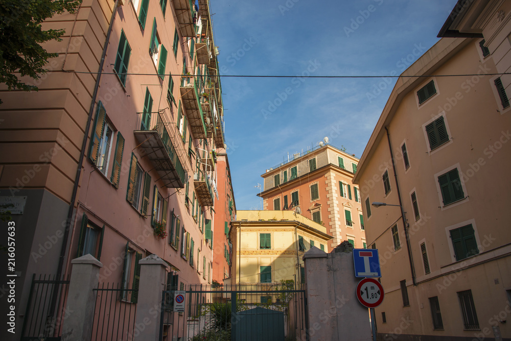 View at colorful buildings at central area of Genoa, Italy