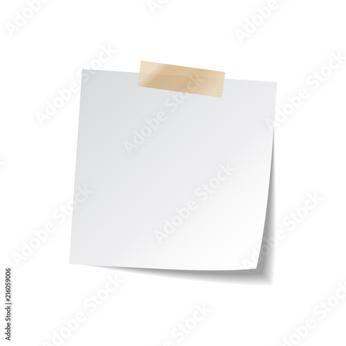 Sticky paper note with tape and shadow isolated on white background. Blank.