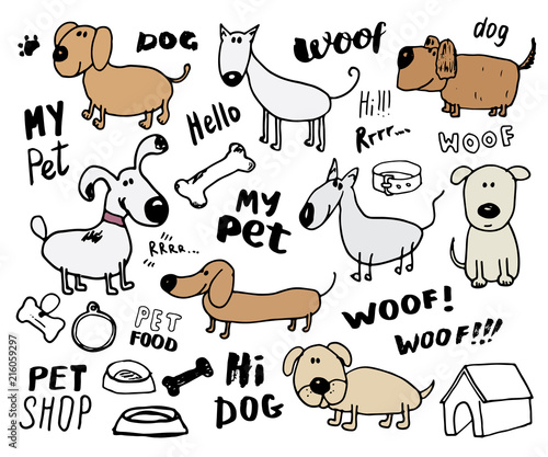 Funny Dogs doodle Set. Hand drawn sketched pets collection Vector Illustration on white background.