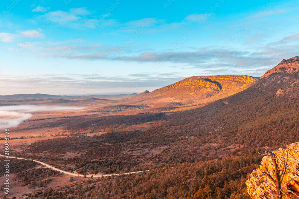 Scenic landscape viewed from Jarvis Hill lookout at sunrise. Hawker, South Australia