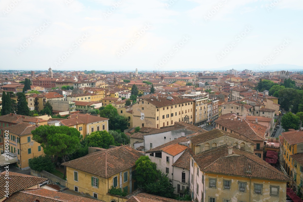 Pisa,Italy-July 28, 2018: View of Pisa city from the top of the Leaning Tower in Pisa, Italy.
