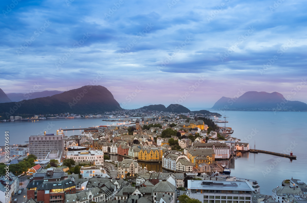 Cityscape of Alesund from Byrampen viewpoint.
