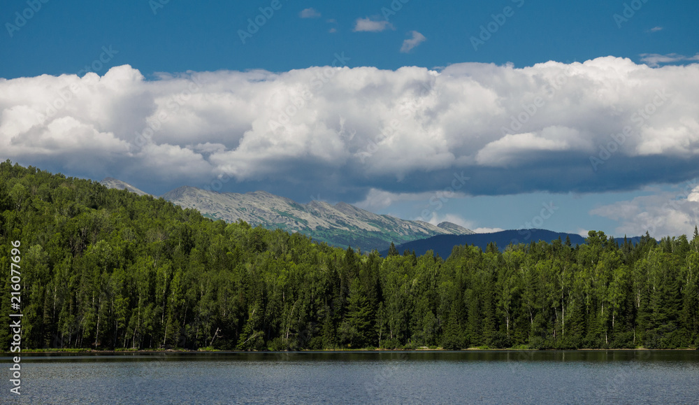 panorama of the forest on the lake behind which you can see the mountains over which stretched long white clouds panorama of the forest on the lake behind which you can see the mountains over which stretched long white clouds
