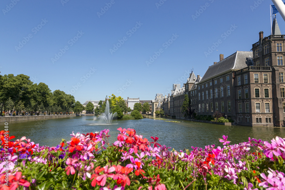 Fototapeta premium Fontanna na stawie na tle zamku Binnenhof w Hadze