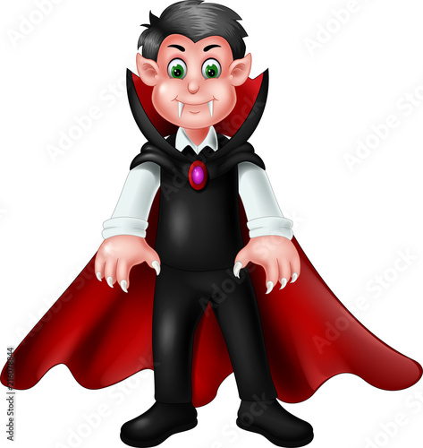 funny dracula cartoon standing with smile on white background