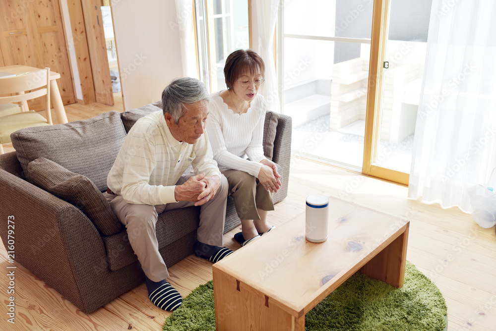 リビングでスマートスピーカーに話しかけるシニア夫婦 リビングでスマートスピーカーに話しかけるシニア夫婦