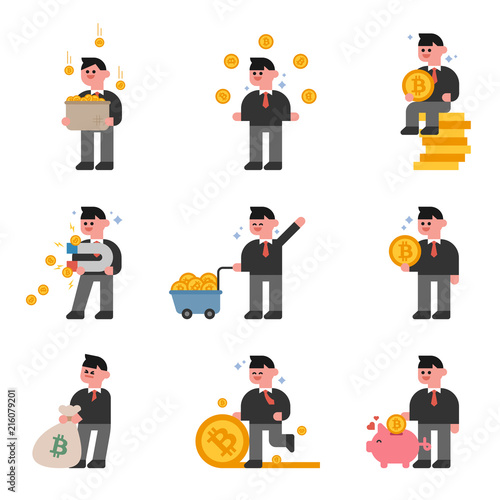 bitcoin character flat design style vector graphic illustration set