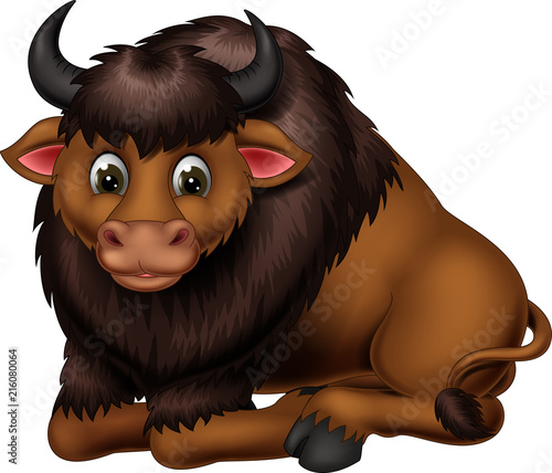 funny bison cartoon sitting on white background with smile