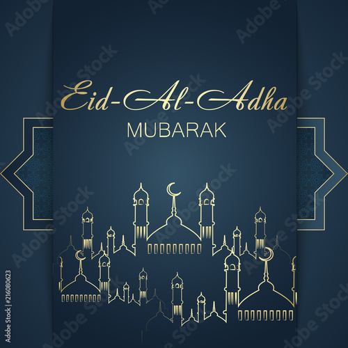 Aid Al Adha greeting card template with mosque. Vector