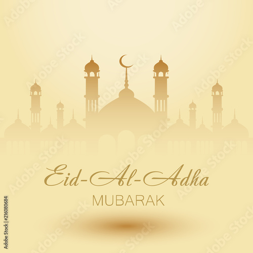 Aid Al Adha greeting card template with mosque. Vector