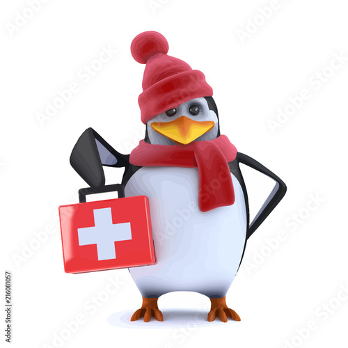 Vector 3d Winter penguin brings first aid