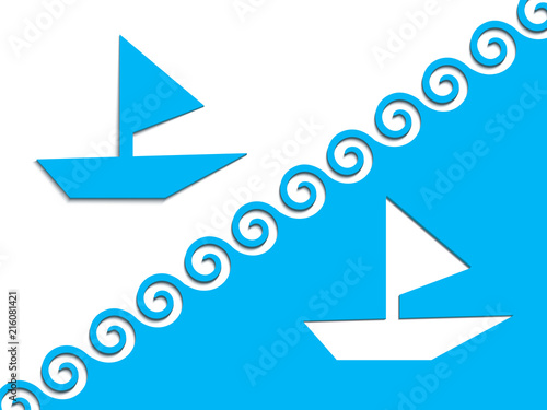 from a blue cardboard a boat with a sail and crests of waves have cut out have put nearby