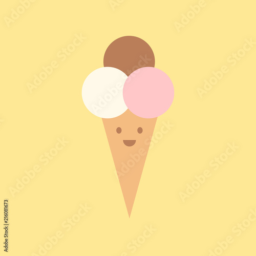 Cartoon ice cream happy smiling flat illustration character, vector