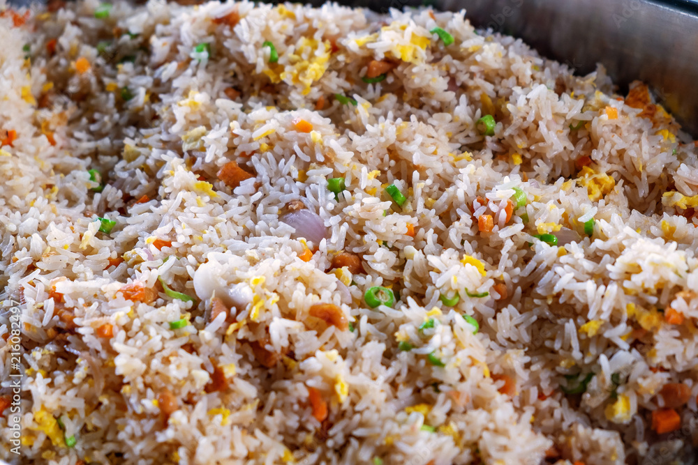 Rice Mixed with Shrimp Paste in a Big Stainless Bowl, Prepared for Outdoor Party Rice Mixed with Shrimp Paste in a Big Stainless Bowl, Prepared for Outdoor Party