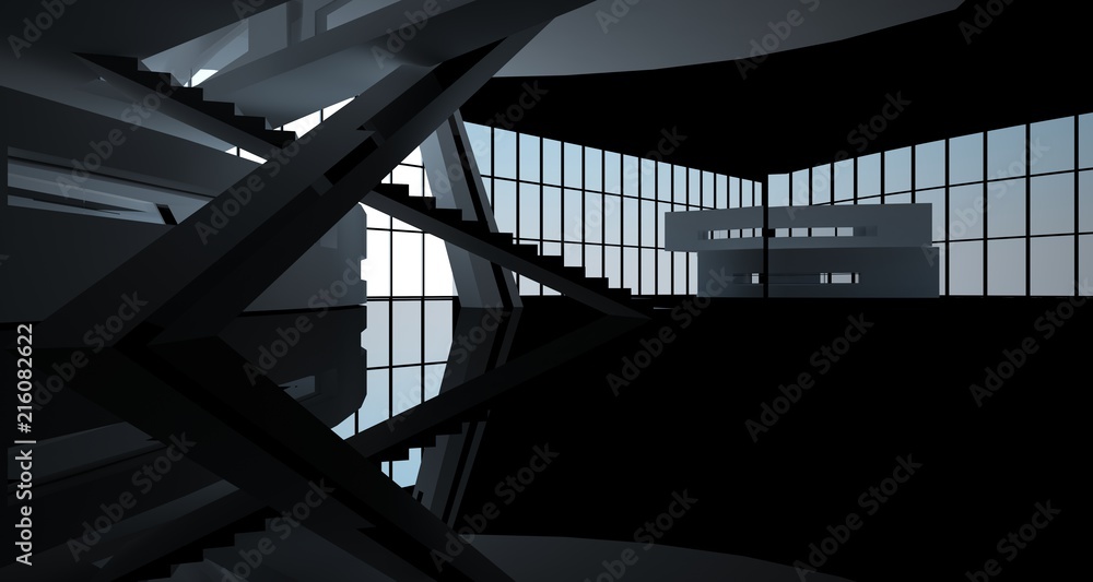 Abstract white and black interior multilevel public space with window. 3D illustration and rendering. Abstract white and black interior multilevel public space with window. 3D illustration and rendering.