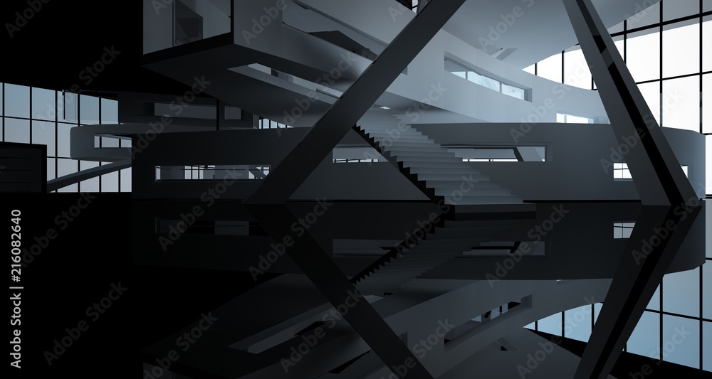 Obraz premium Abstract white and black interior multilevel public space with window. 3D illustration and rendering.