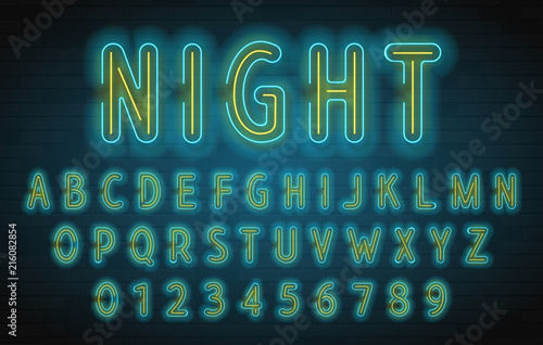 Multicolor neon vector letters. Multicolored glowing alphabet. Vector illustration with neon light glyphs.