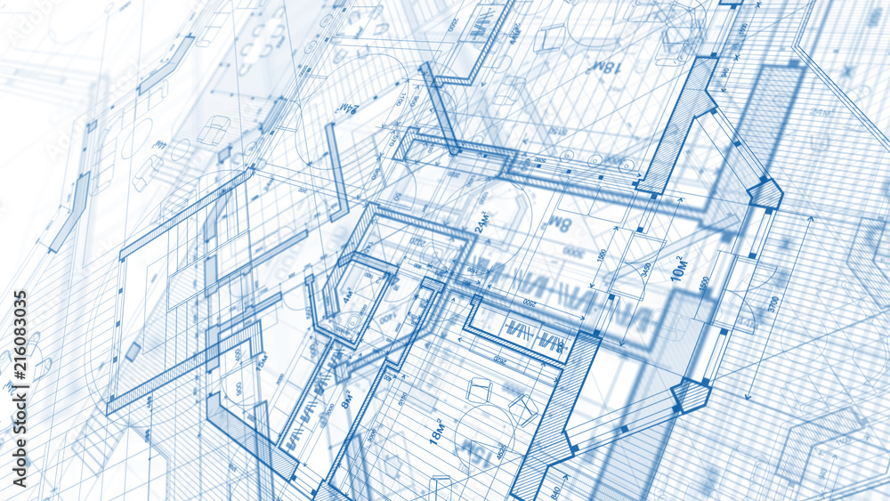 Architecture design: blueprint plan - illustration of a plan modern residential building / technology, industry, business concept illustration: real estate, building, construction, architecture