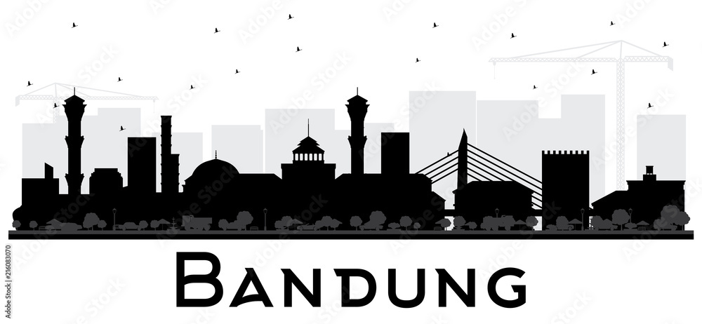 Bandung Indonesia City Skyline Silhouette with Black Buildings Isolated on White.