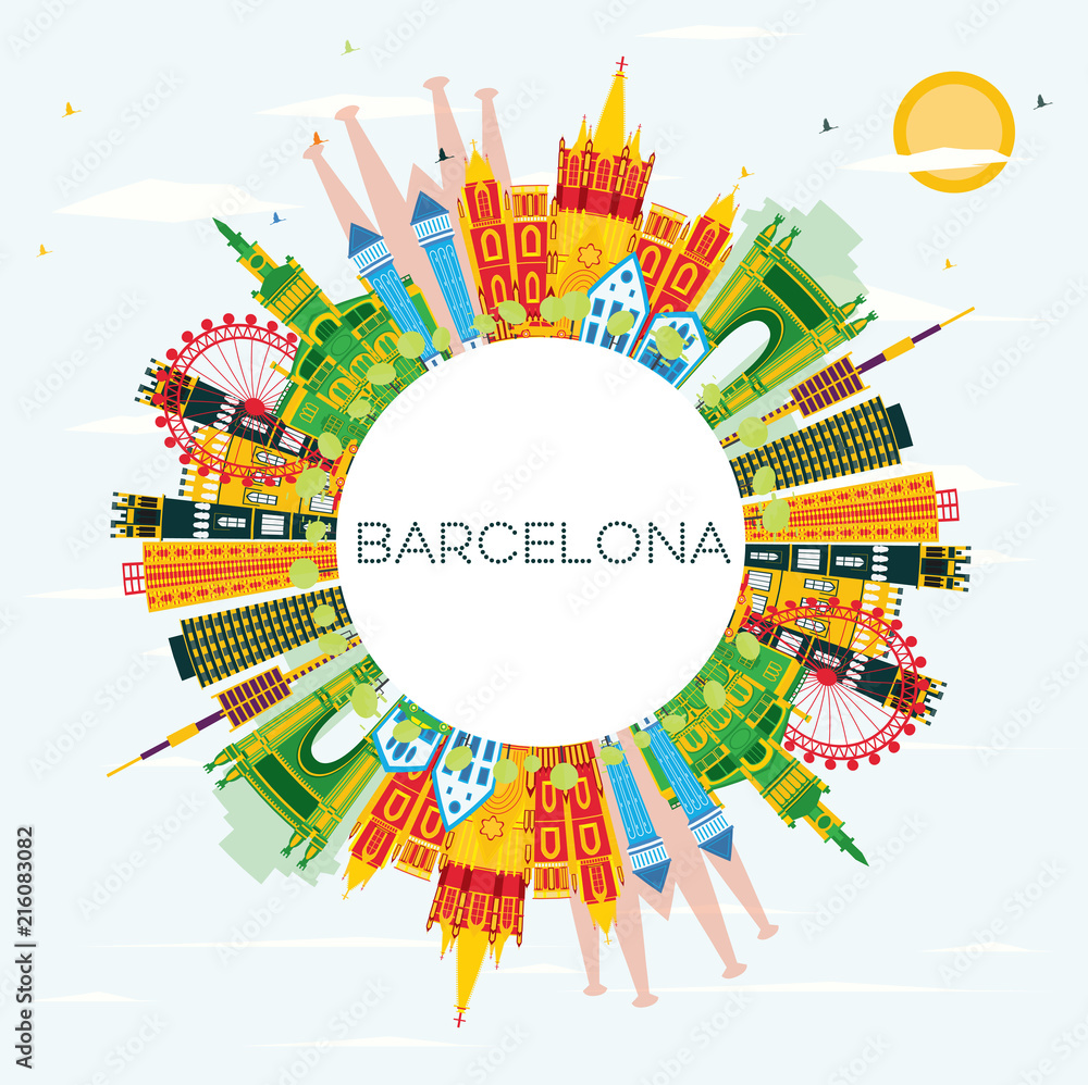 Fototapeta premium Panoramę Barcelony z kolorowymi budynkami, błękitne niebo i miejsce na kopię.